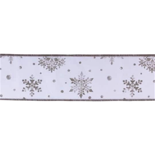 Melrose 4" x 10yd. White & Silver Metallic Snowflake Wired Ribbons, 2ct. | Michaels®